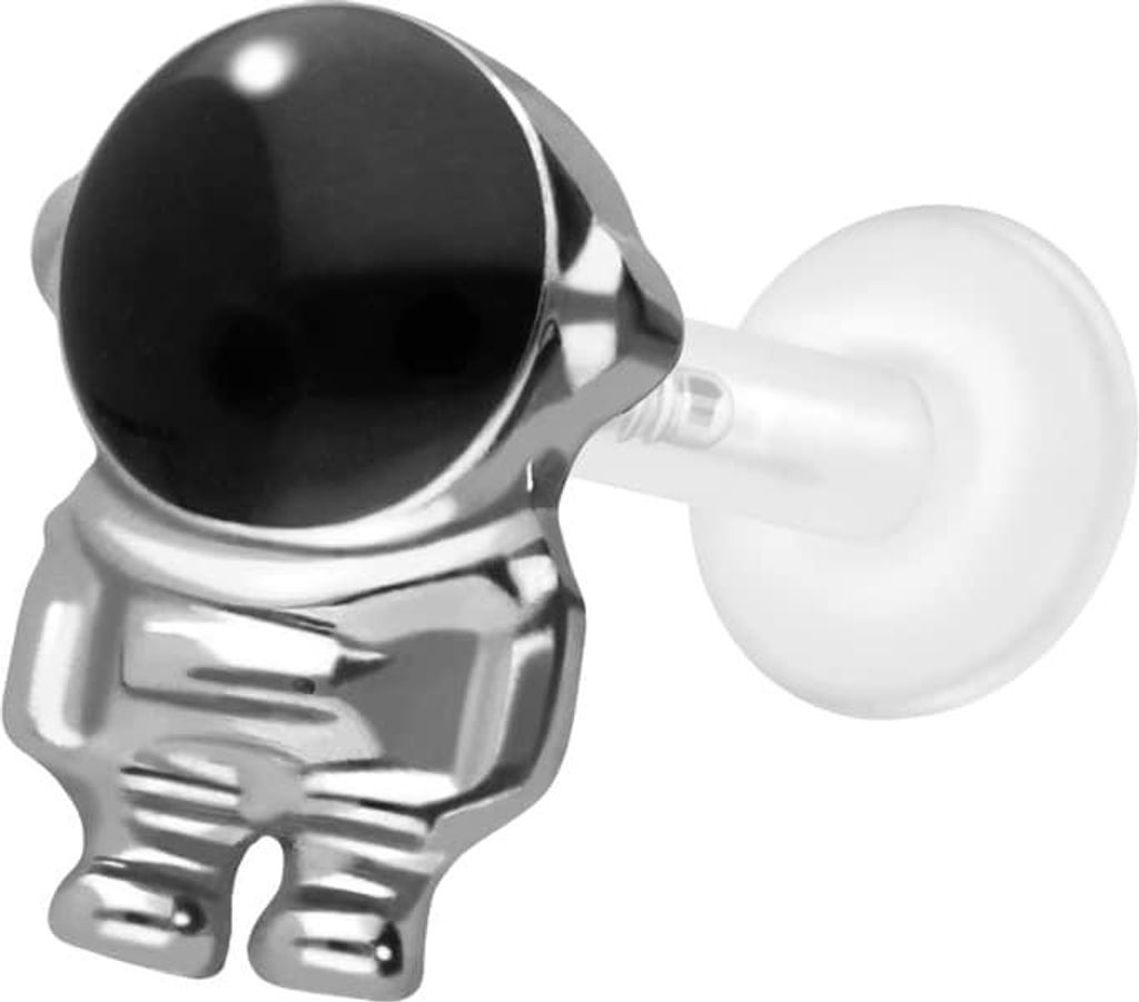 Ohrpiercing, Nasenpiercing PTFE Labret mit Innengewinde + Titan-Aufsatz ASTRONAUT Silber Stablänge: 6mm | Stabstärke: 1,6mm