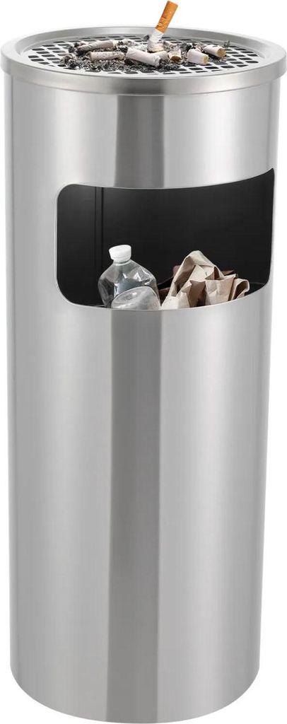 Mülleimer - Außen-Mülleimer mit Aschenbecher - Edelstahl - Große Kapazität - Modernes Design - Für öffentliche Bereiche und Zuhause - Silber