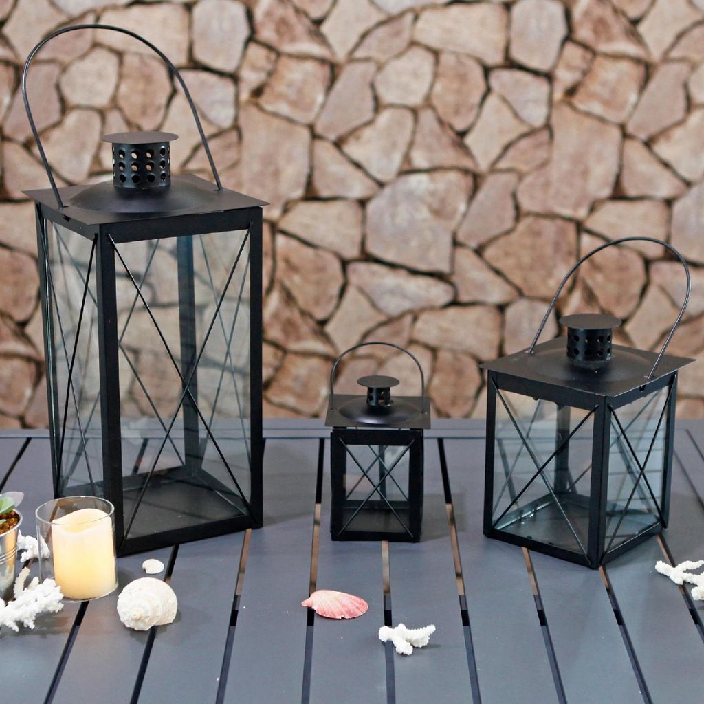 3er Set Laternen Windlicht Schwarz Metall mit Griff Produktbild 