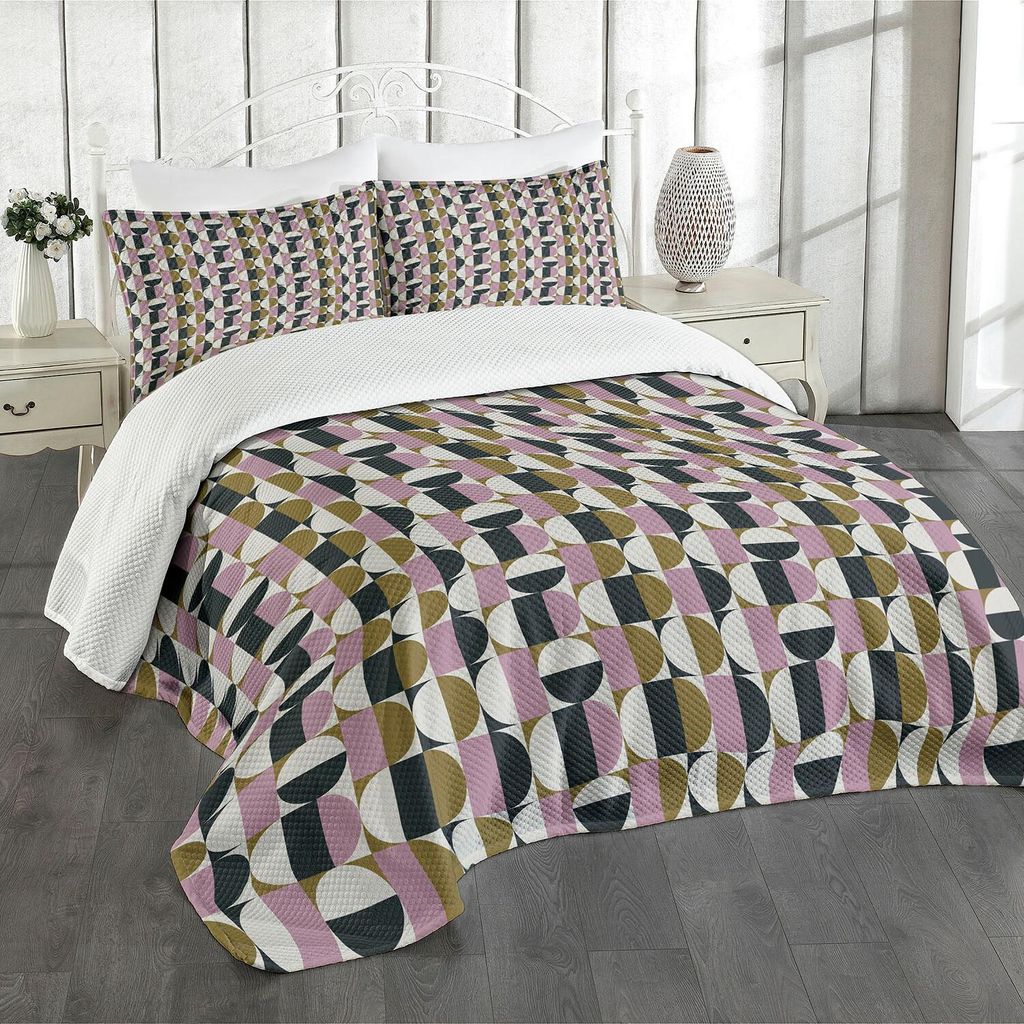 ABAKUHAUS Retro Tagesdecke Set, Bauhaus-Art-abstraktes geometrisches Muster mit Kontrast-Kreisen Quadrate und Rechtecke, 264 x 220 cm, Mehrfarbig