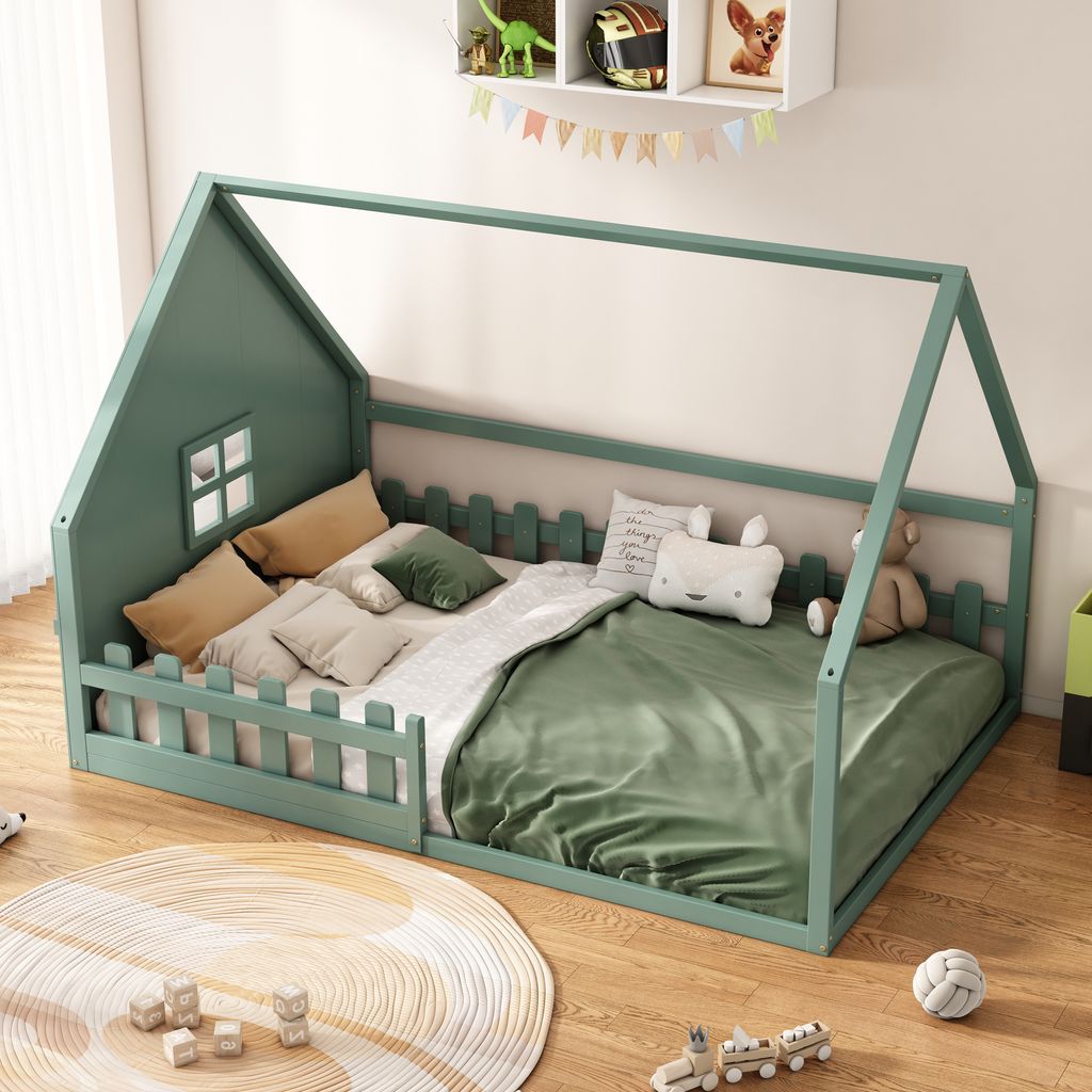 okwish Kinderbett Plattformbett 140×200 cm mit Lattenrost, Jugendbett Hausbett Holzbett mit Rausfallschutz für Jungen und Mädchen, Grün(Ohne Ma...
