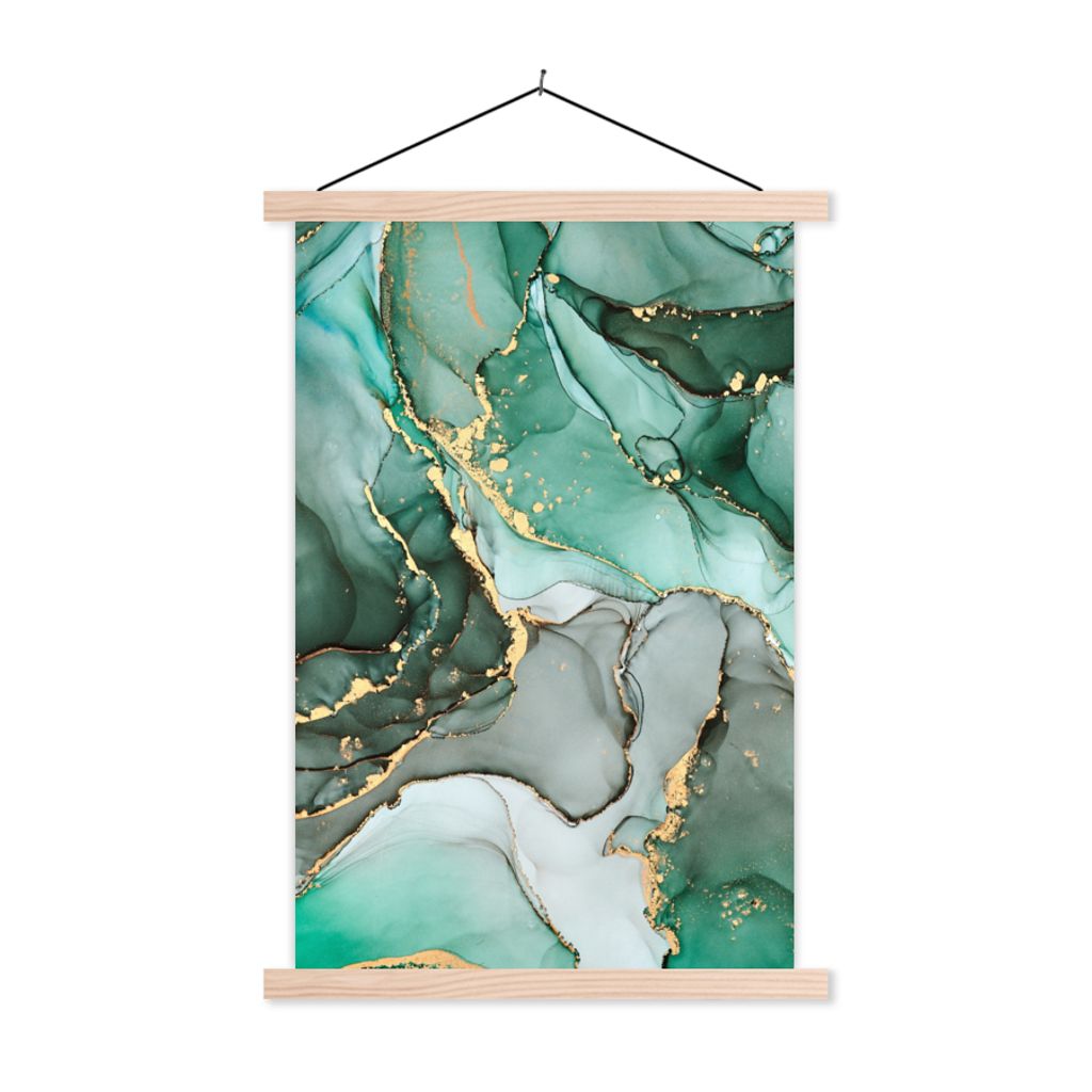 MuchoWow Textilposter Gold - Marmor - Grün - Luxus - Marmoroptik - Grau 40x60 cm mit holzfarbenen Rahmen - Poster