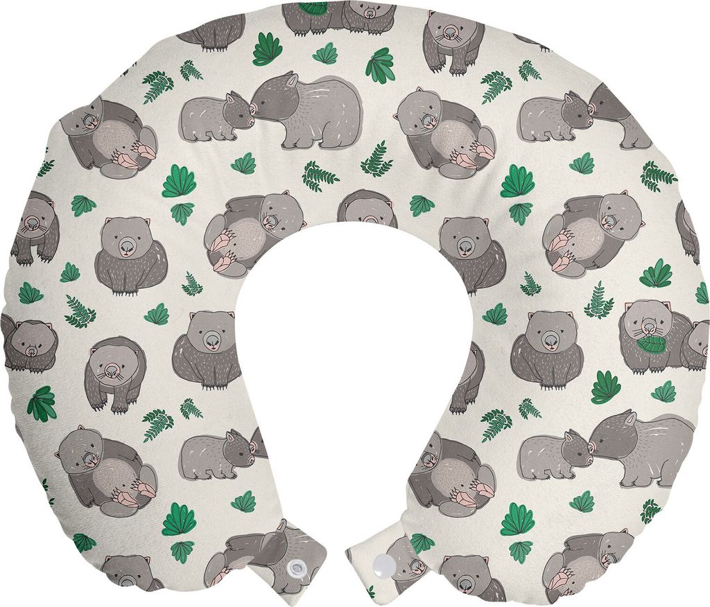 ABAKUHAUS Tier Reisekissen Nackenkissen, Wombats mit Blattpflanzen, Schaumstoff Reiseartikel für Flugzeug und Auto, 30x30 cm, Ivory Tan