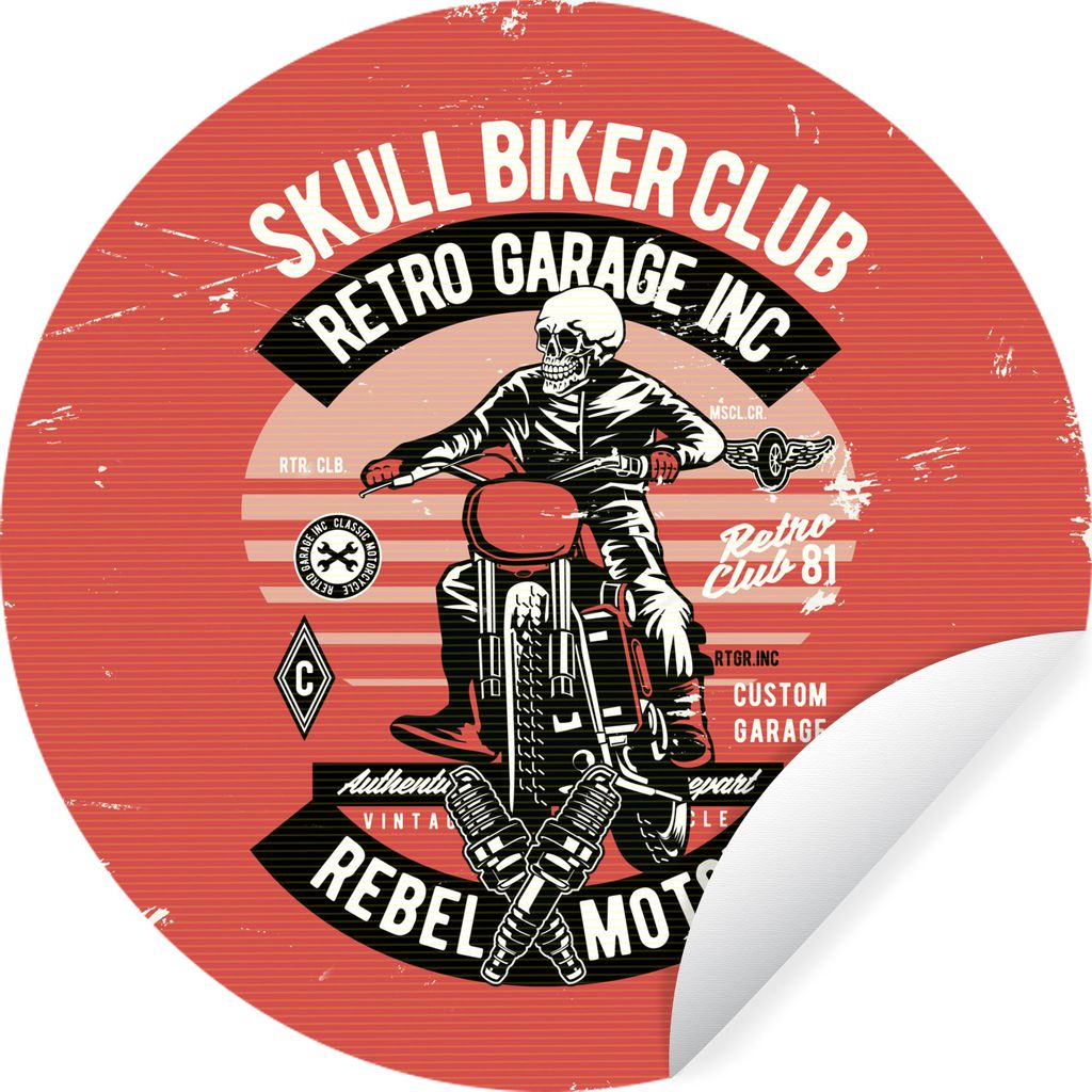 MuchoWow Runde Wandtattoo - Wandsticker Tapete Aufkleber Motorrad - Skelett - Retro Ø 80 cm Selbstklebend und Repositionierbar - Wandaufkleber -...