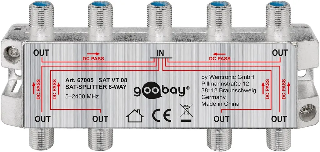 Goobay 67005 Distributore SAT, 8 vie, 8 x out, argento - per sistemi satellitari 5 MHz - 2500 MHz