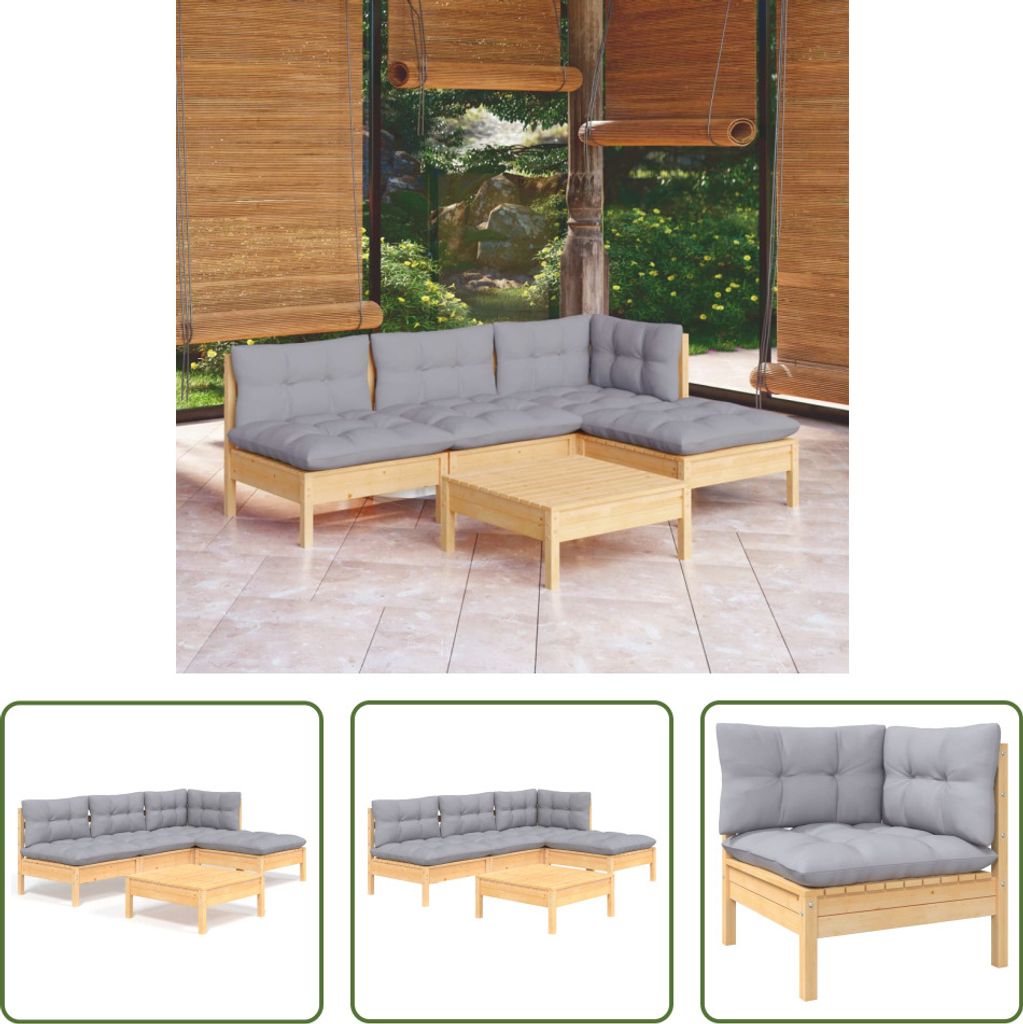 The Living Store 5-tlg. Garten-Lounge-Set mit Grauen Kissen Kiefernholz