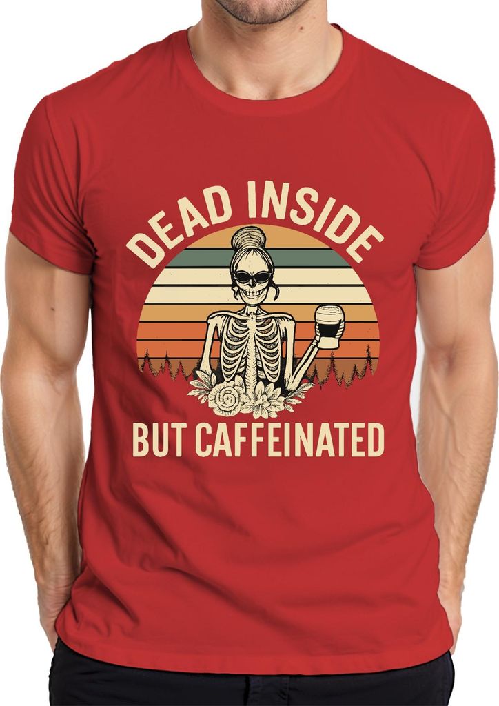 Dead Inside But Caffeinated Kaffee Skelett Gothic Halloween Retro Herren T-Shirt, Rot, XXL