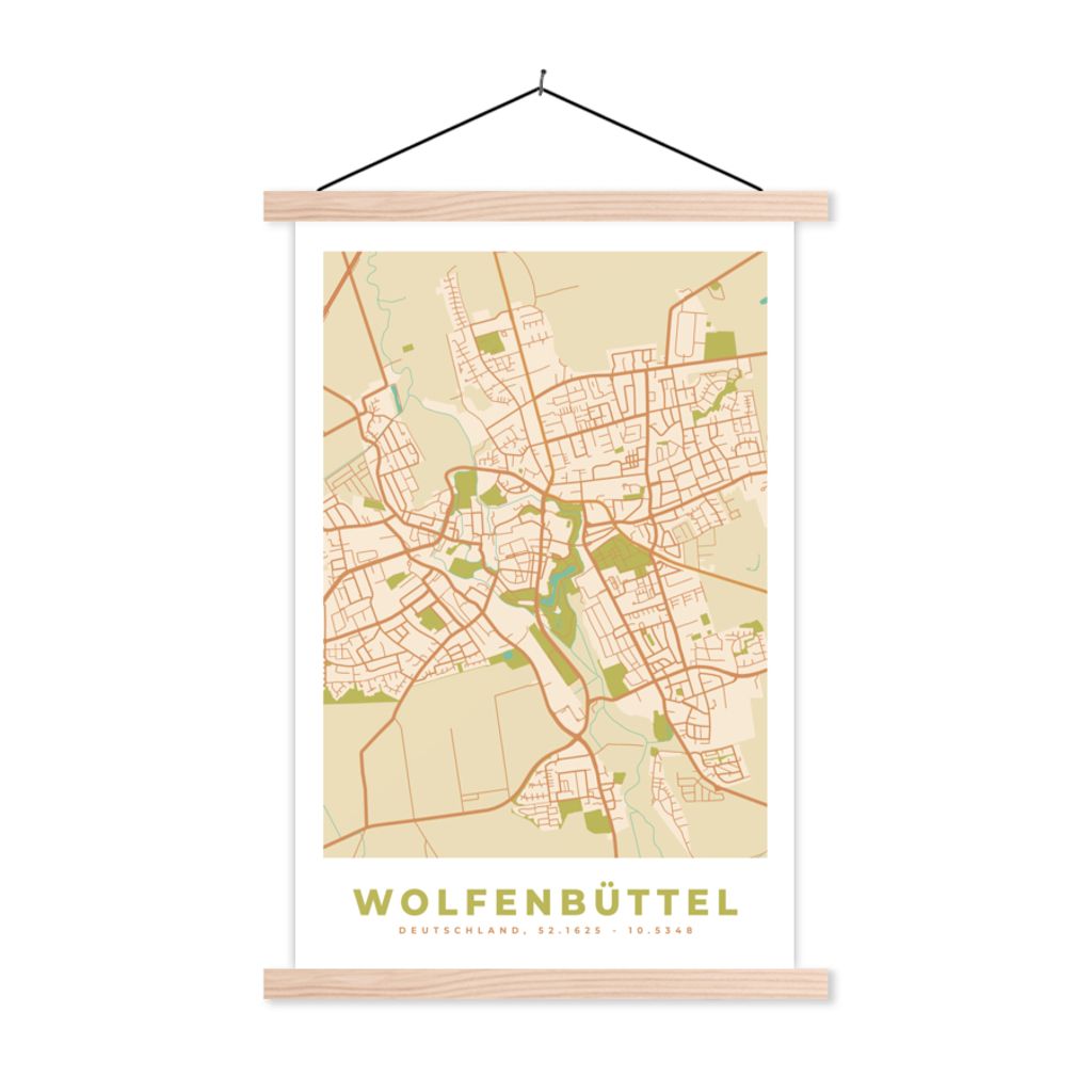 MuchoWow Textilposter Wolfenbüttel - Karte - Stadtplan - Vintage 120x180 cm mit holzfarbenen Rahmen - Textil-Plakat