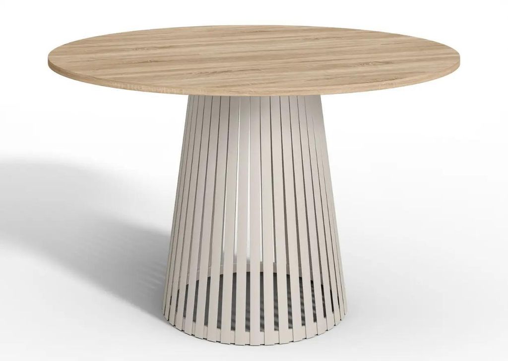 Design Esstisch Viero 100 cm Sonoma Eiche – Runder Tisch mit kaschmirfarbenem Metallgestell | Japandi Stil
