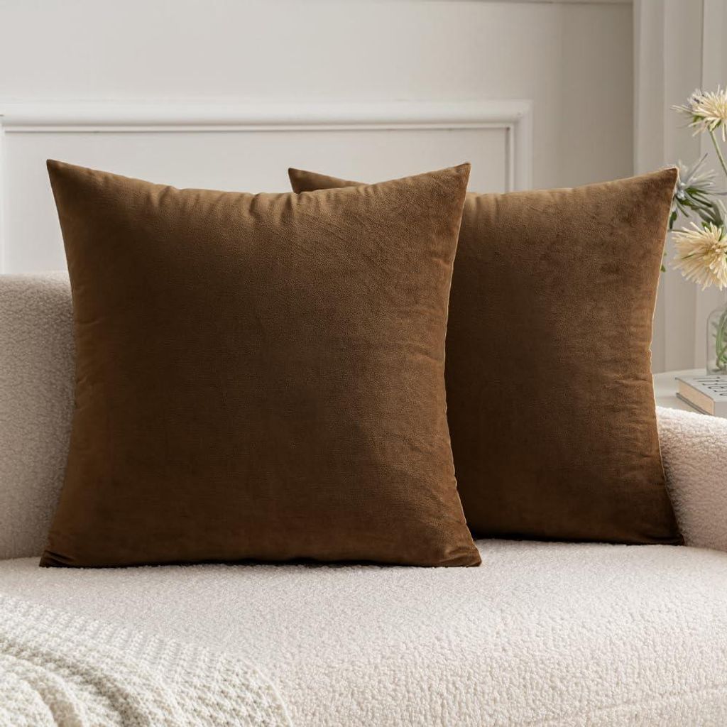 Set mit 2 dekorativen quadratischen Samtkissenbezügen für Sofa oder Schlafzimmer, schokoladenbraun, 40 x 40 cm