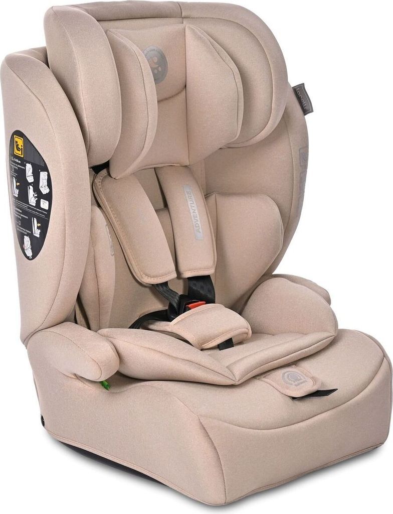 A beige car seat is shown against a white background.