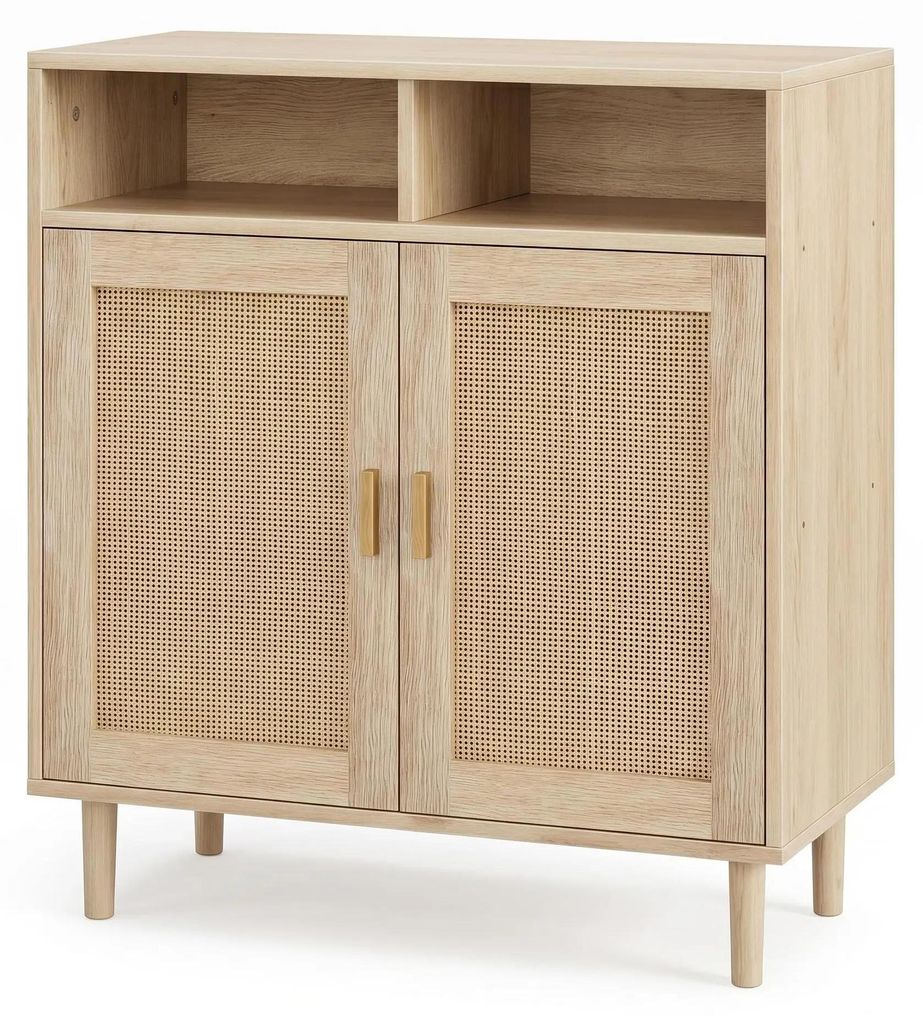 Rattan Aufbewahrungsschrank - Sideboard mit 4 Türen - Anrichte mit Regal - Handgeflochtener Boho Stil - Für Flur und Esszimmer - Holzfarbe