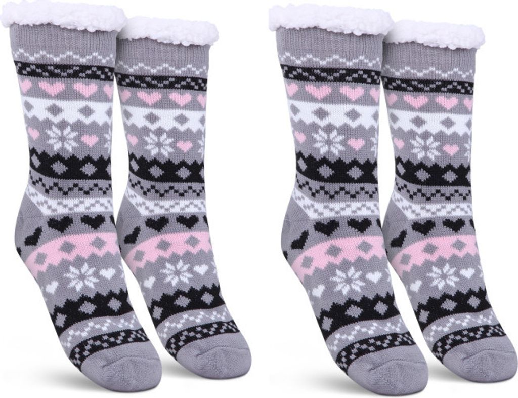 Haussocken (Grau / 1 Paar) Damen mit Teddyfutter - Hüttensocken mit Anti-Rutsch-Sohle - ABS Norweger Socken Herz - Kuschelsocken Einheitsgröße S...