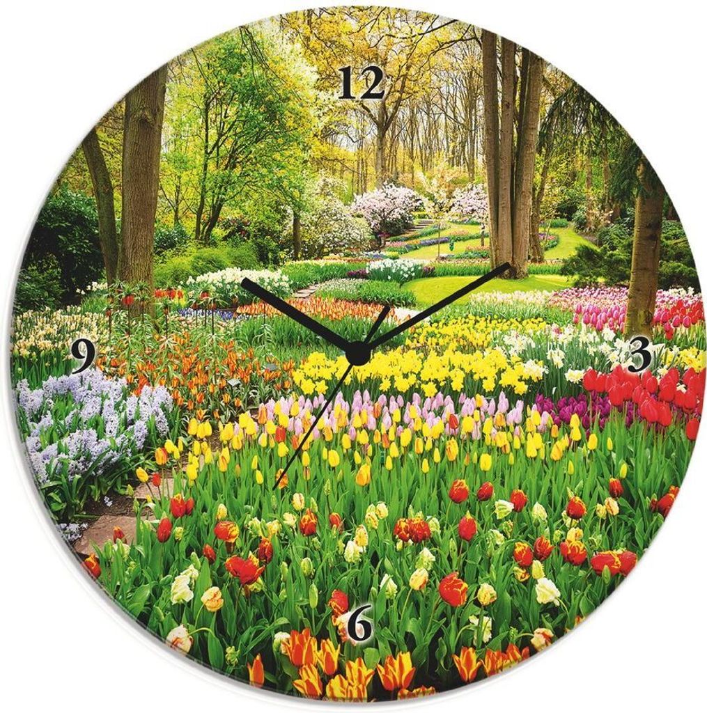 ARTland Glas Wanduhr Quarzuhr - schwarzer Zeiger Tulpen Garten Frühling Größe: 30x30 cm