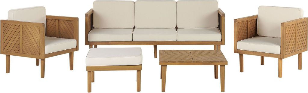 BELIANI Lounge Set Hellbraun Akazienholz 5-teilig für 5 Personen mit Auflagen Beige Stoff Couchtisch Fußhocker 3er Sofa 2 Sessel Outdoor Garten
