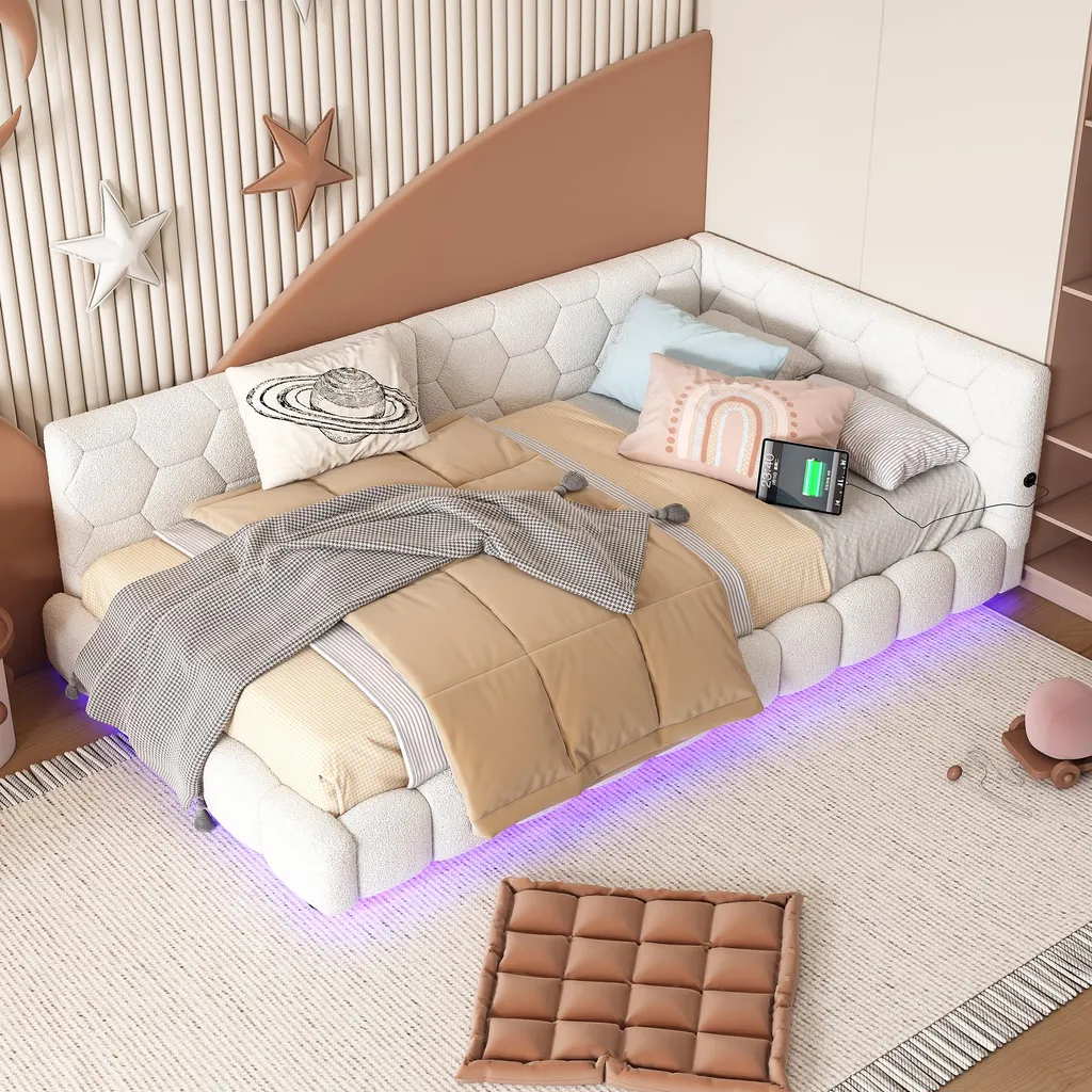 Lit de repos méridienne 90x200 blanc imitation polaire avec LED et USB