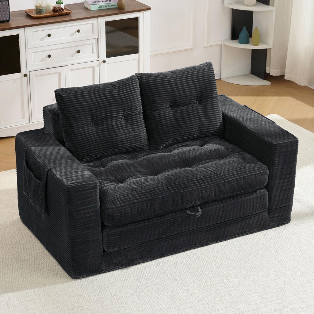 okwish Zweier Klappsofa mit Seitentasche und Armlehne, Klassische Sofas mit Schlaffunktion, Wohnzimmersofa,für kleine Wohnungen,Schwarz