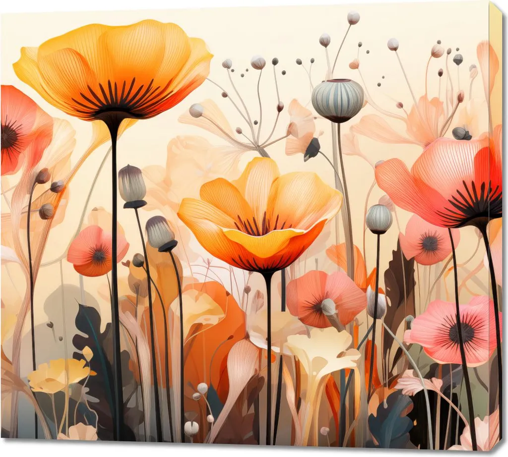 Quadro 100x90cm Papaveri Danzanti | Dipinto a Mano su Tela per Soggiorno