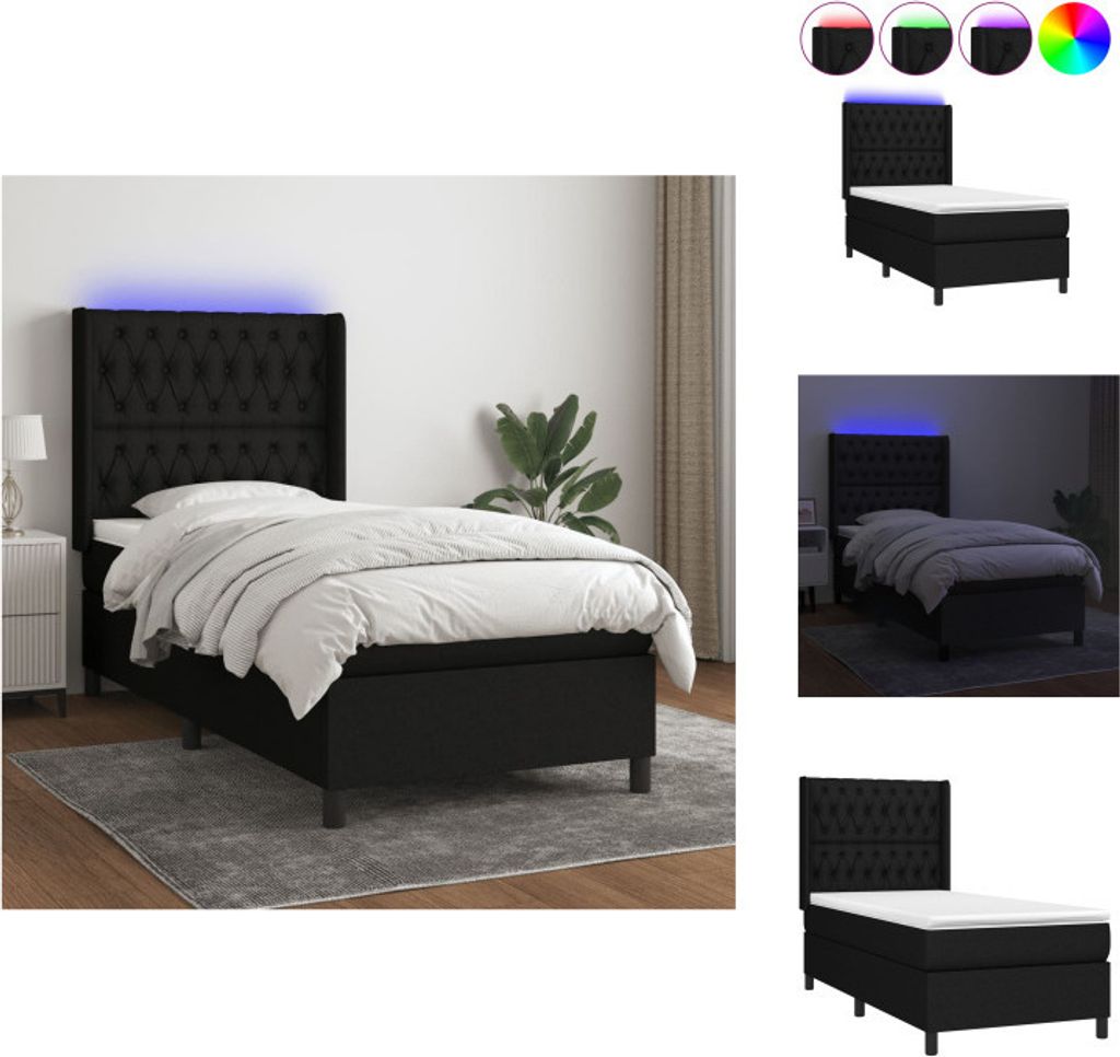 vidaXL Boxspringbett mit Matratze & LED Schwarz 90x190 cm Stoff - Betten & Bettgestelle