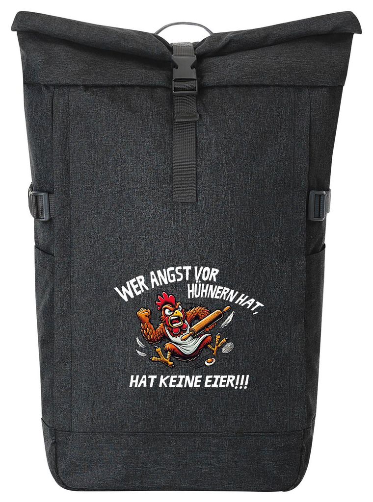 Huuraa Kurierrucksack Angst vor Hühnern, hat keine Eier grimmiger Hahn 30-44 Liter Black Melange Fairtrade Rolltop Rucksack Geschenkidee