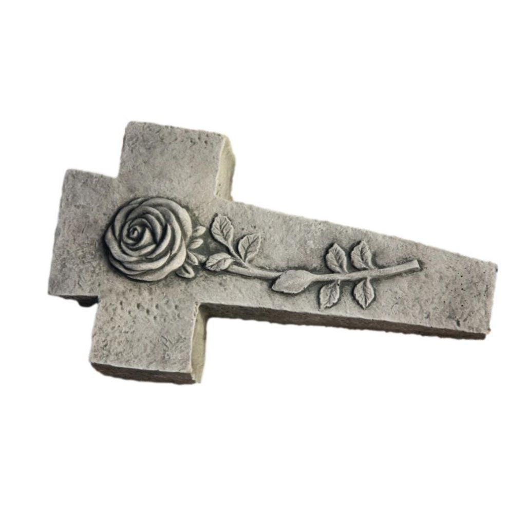 Schönes Kreuz mit Rosa aus Steinguss Neu Frostfest Witterungsbeständig DE-903