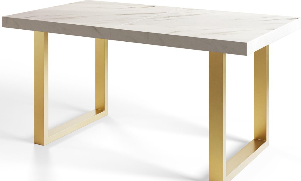 A rectangular dining table with a marble-like top and gold metal legs, presented against a white background.
