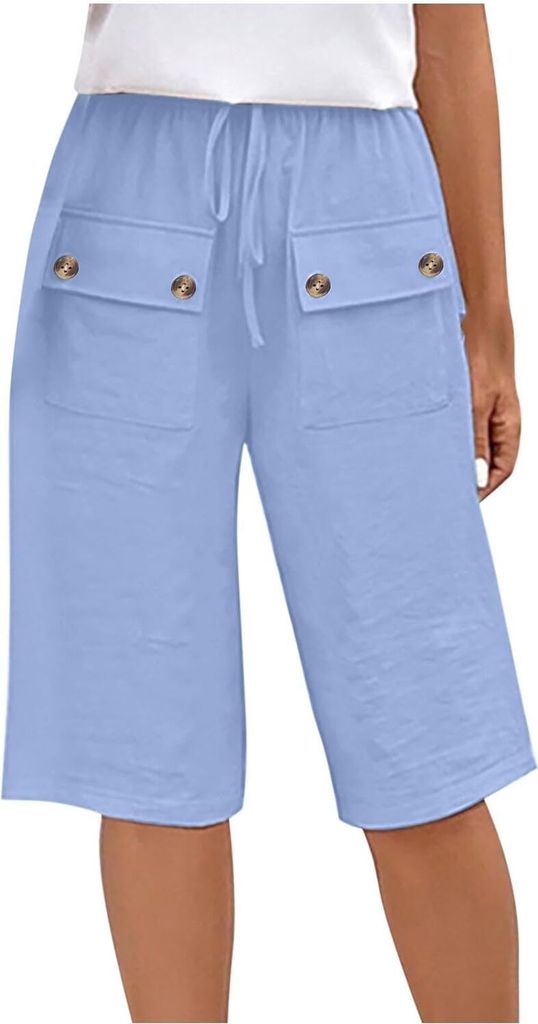 ASKSA Damen Leinen Shorts Sommer Knielang Kurze Hosen mit Taschen Stoffhose Laessig Elastische Taille Strandshorts (Blau,M)