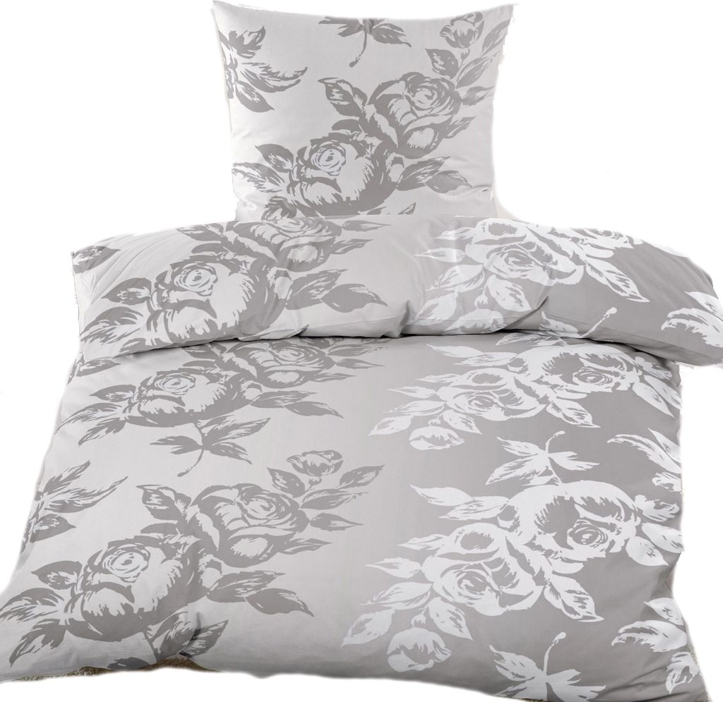 2-tlg. Biber Winter Bettwäsche 135x200 + 80x80 cm, grau weiß, Blüten, Baumwoll Mischgewebe