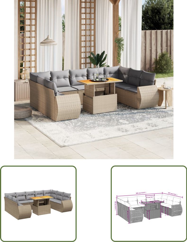 The Living Store 10-tlg. Garten-Sofagarnitur mit Kissen Beige Poly Rattan