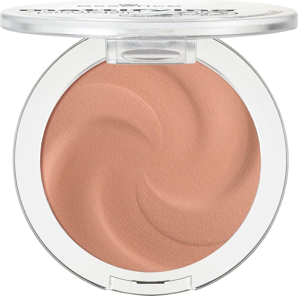A close-up, top-down view of an open compact powder.