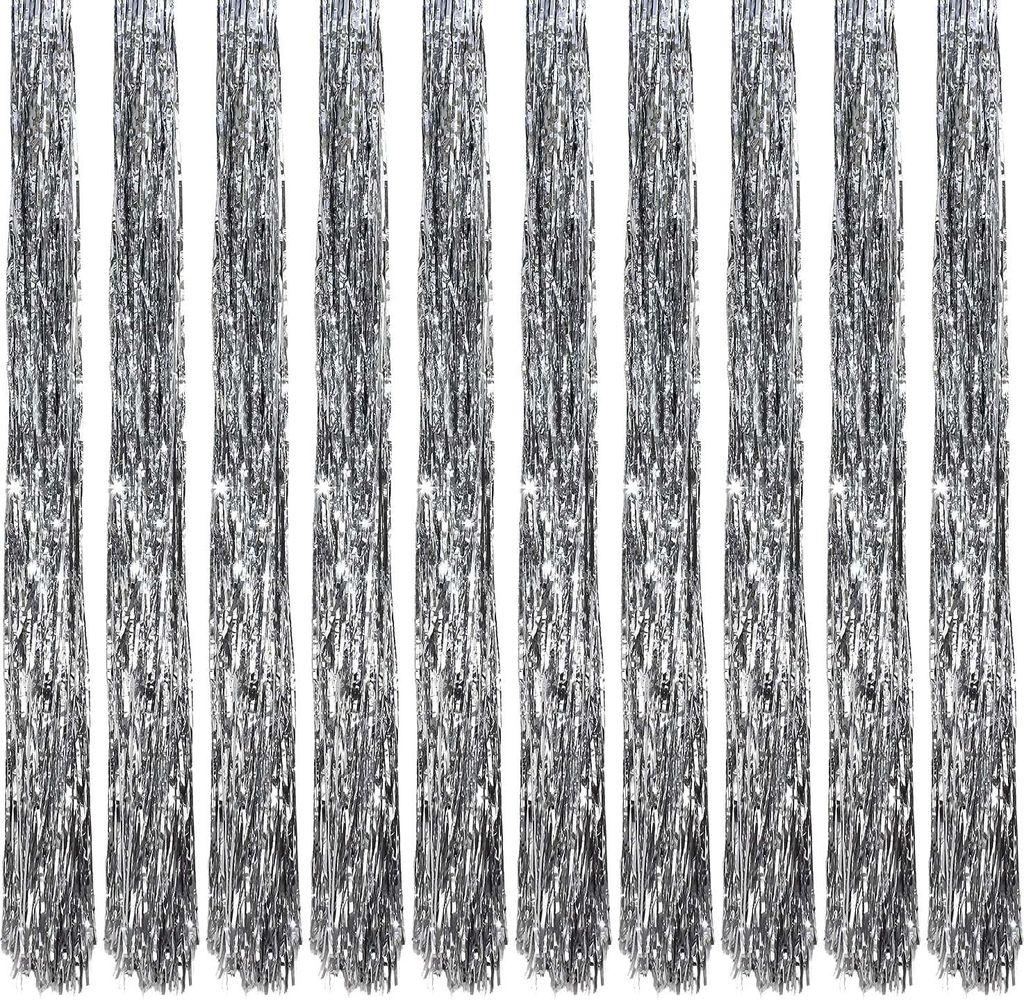 A set of ten silver tinsel strands hanging vertically against a white background.