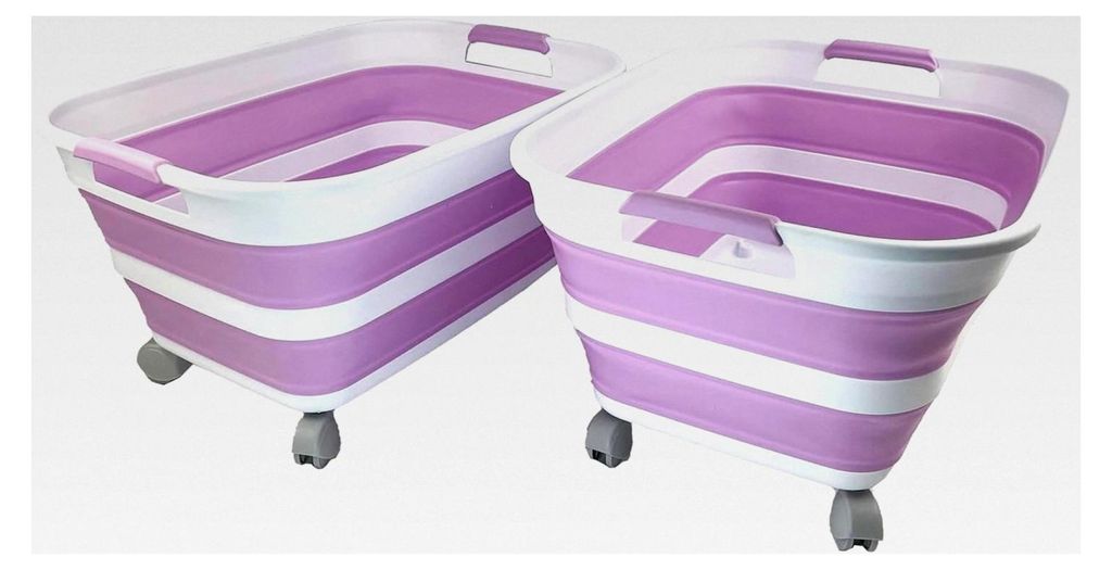 27L zusammenklappbarer Kunststoff-Wäschekorb mit Rollen – faltbarer Pop-Up-Aufbewahrungskorb (Weiß/Blassviolett)