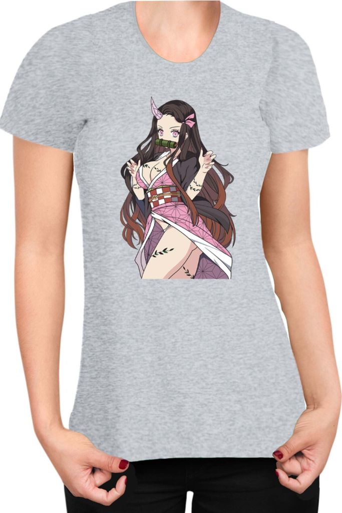 Damen T-Shirt Demon Anime Slayer Kimetsu No Yaiba Nezuko Kamado 16, Lady XS / Grau