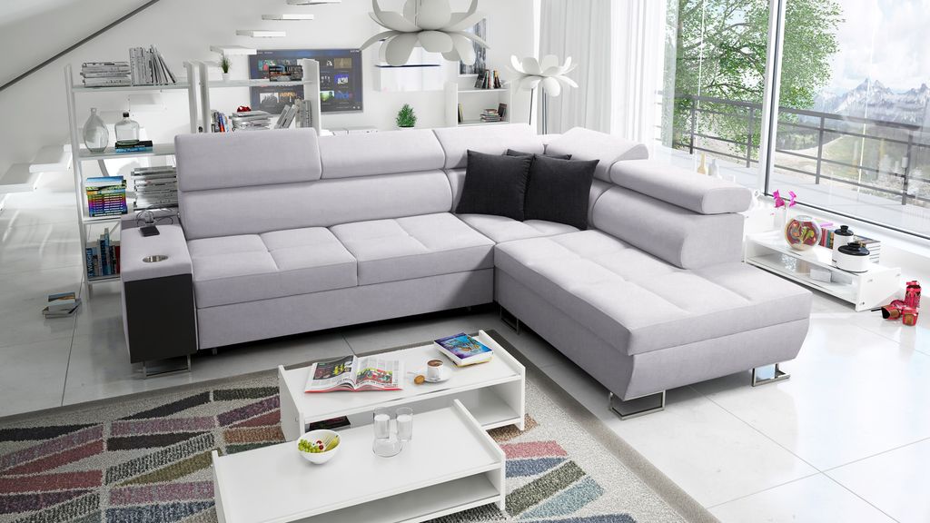 Polstersofa mit Schlaffunktion Wohnzimmer Couch MOREN VII Eckcouch L-Form Rechts Grau SAWANA 84 IM SOFA