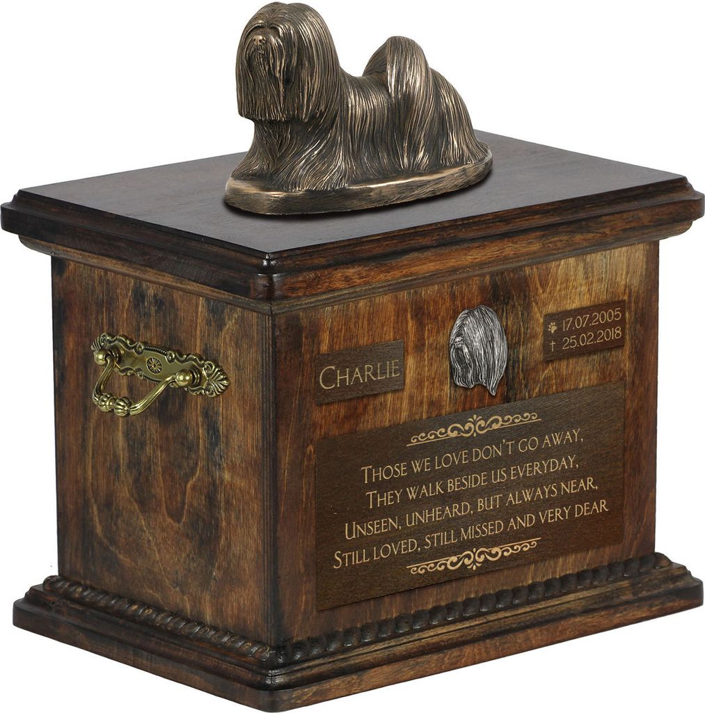Lhasa Apso, Lhasaterrier, Löwenhund - Eine Urne für die Asche eines Hundes, eine Urne mit einer Statue, eine personalisierte Hundeurne von der Ma...