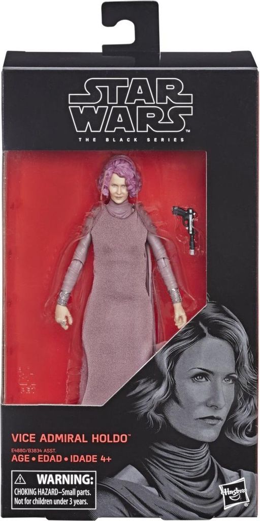 A Star Wars The Black Series Vice Admiral Holdo action figure in its packaging.