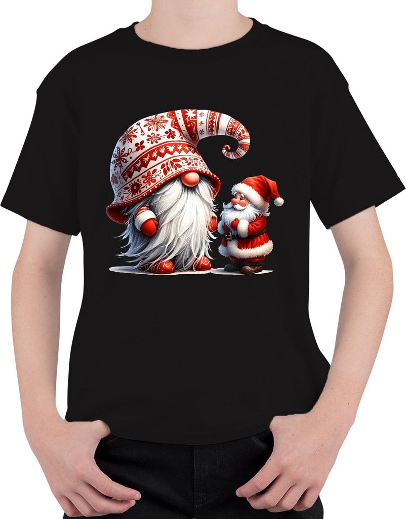Niedliche Weihnachtsmänner mit kreativem Hut Weihnachtsdeko Zwerg Uni Kinder T-Shirt, Schwarz, 152