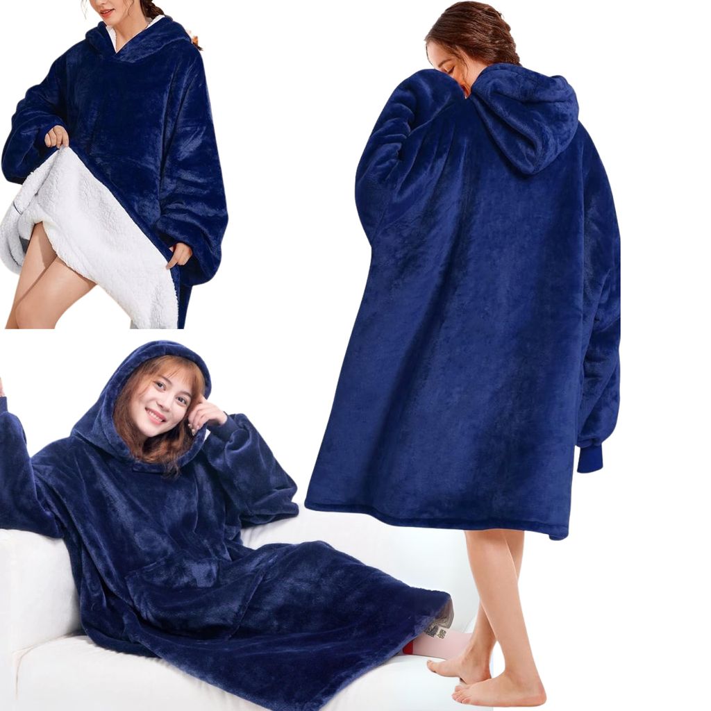 Collage of three images showing a navy blue hoodie blanket worn by models in different poses.
