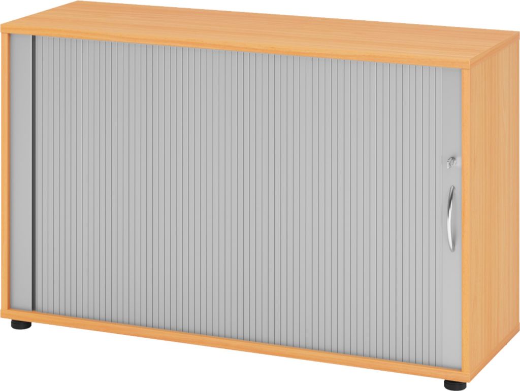 bümö Rollladenschrank office - 2 Ordnerhöhen - Nachbildung: Buche/Silber, Griff: Bogengriff (Metall)