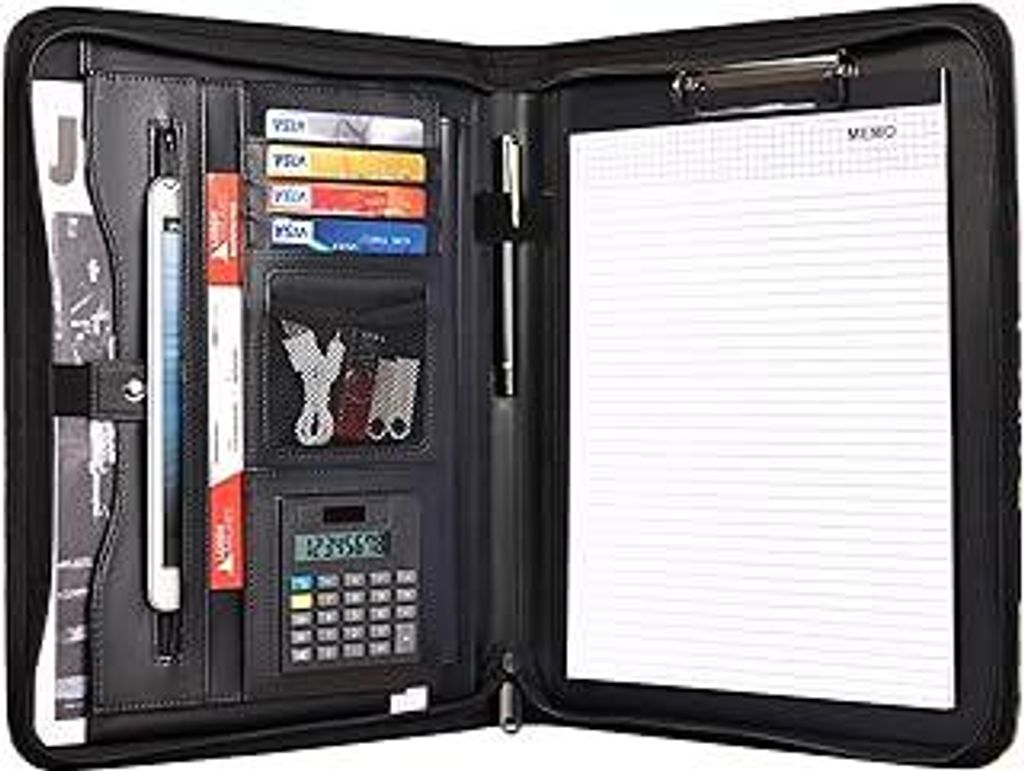 Leathario A4 Konferenzmappe, Schreibmappe A4 mit Reißverschluss, Portfolio Dokumentenmappe Mappe Schreibblock Schwarz