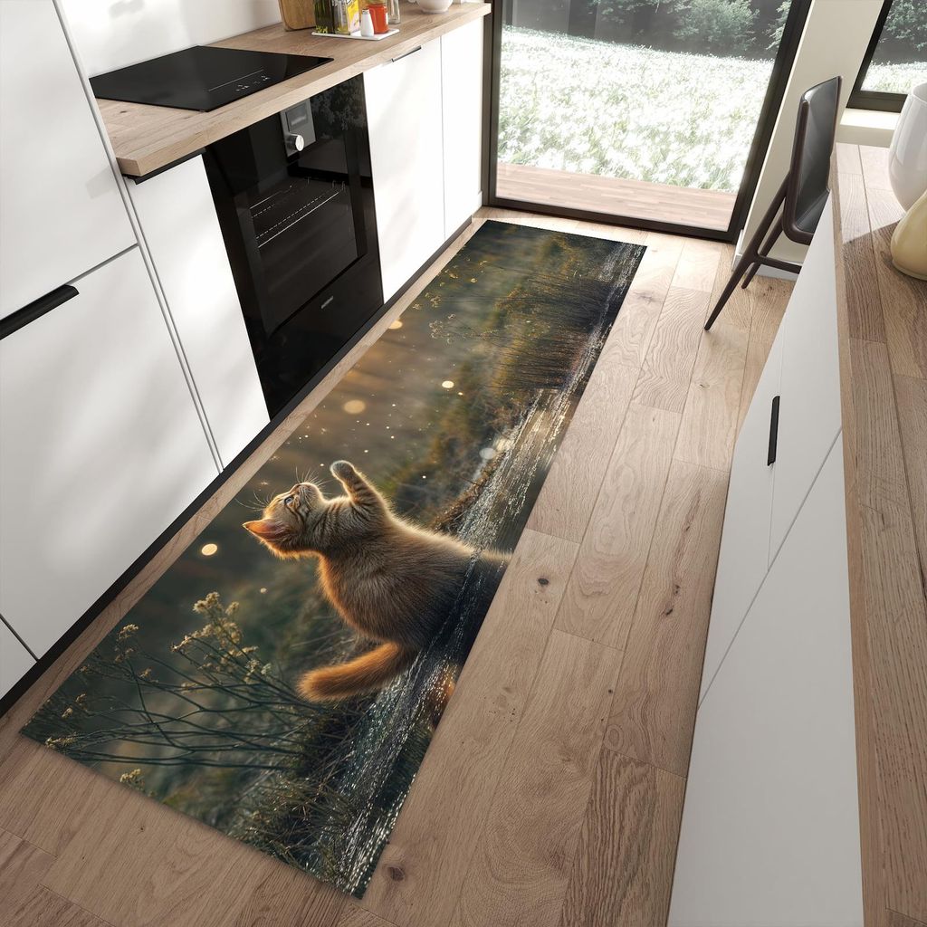 Küchenteppich 80x280cm rutschfest & abwischbar PVC Läufer - Katze mit Marienkäfer