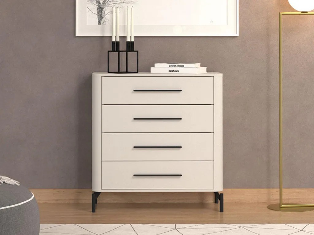 Commode 4 Tiroirs Mogoro Blanche 90cm - Finition Mate et Grande Capacité