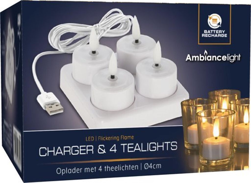 Teelights mit LED & Charger - Ø4cm - 4 Stücke Produktbild 