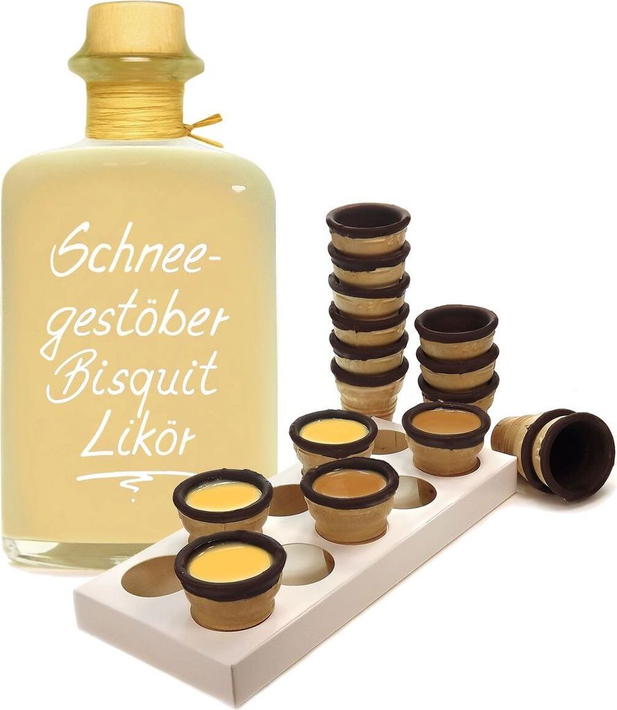 Schneegestöber Bisquit Sahnelikör 1L 15%Vol mit 16 Waffelbechern & Becherhalter