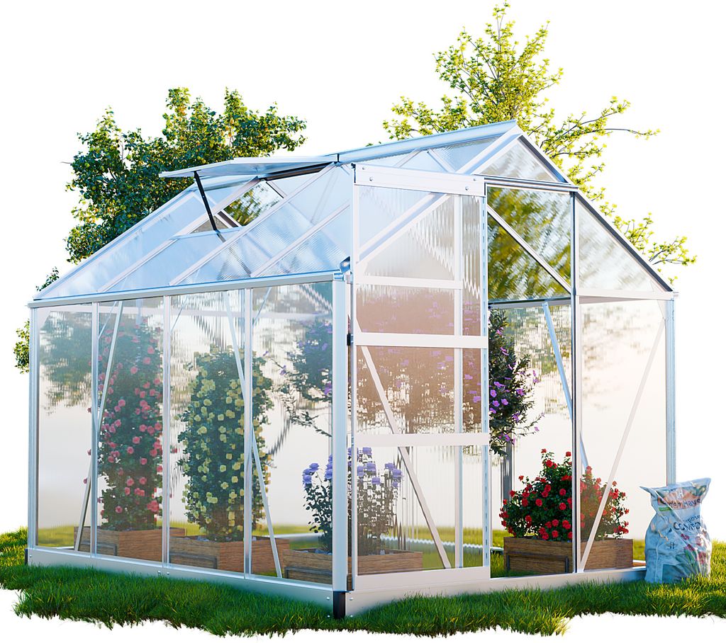GARMIO Gewächshaus NEAPEL 250x190cm für den Garten, Alu Frühbeet inklusive Fundament, 2 Dachfenster, UV-Schutz, Tomatenhaus