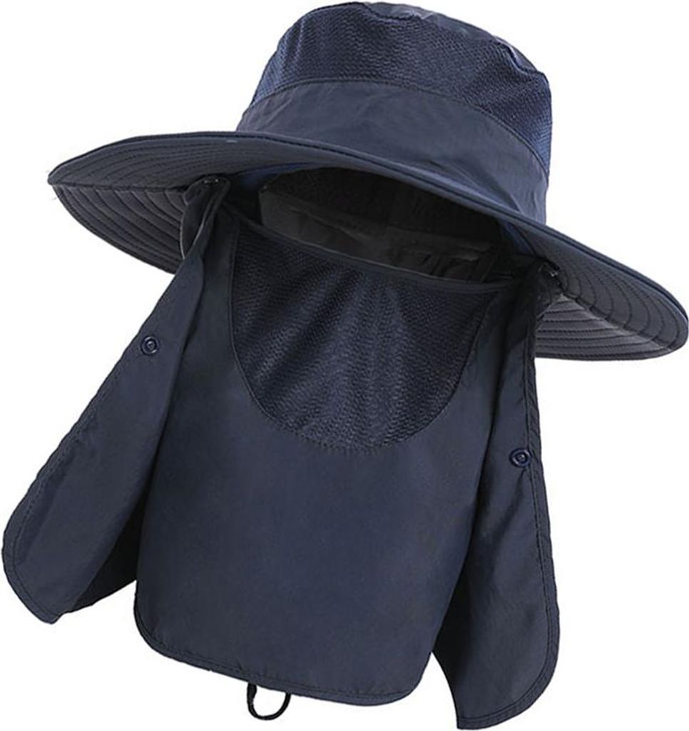 Sonnenhut UV-Schutz Kappe breite Krempe Nylon atmungsaktiv schnell trocken UPF 50 + Angelhut mit abnehmbaren Gesicht Halsklappe Abdeckung dunkelblau