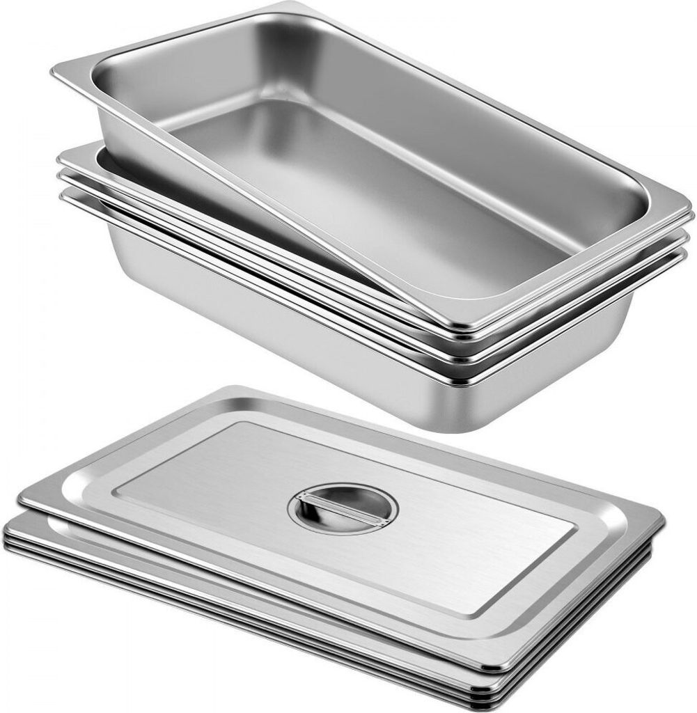 Edelstahl Behälter 4 Stück - Speisebehälter mit Deckel und Antihaftbeschichtung - 53,7 x 33 x 9,5 cm - Kommerzieller Warmhaltebehälter für Spe...