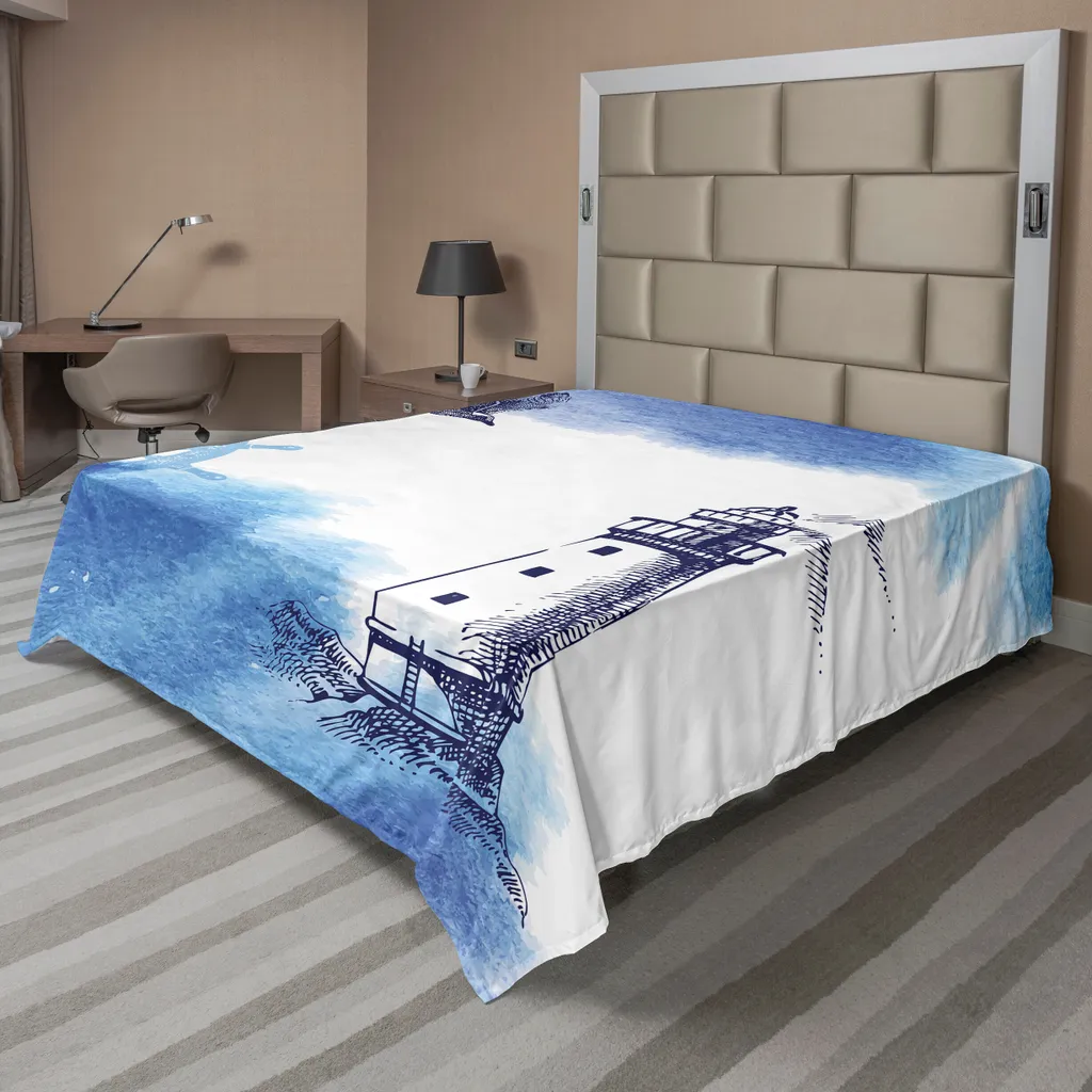 Drap de lit supérieur thème marin, grand drap plat décoratif bleu blanc