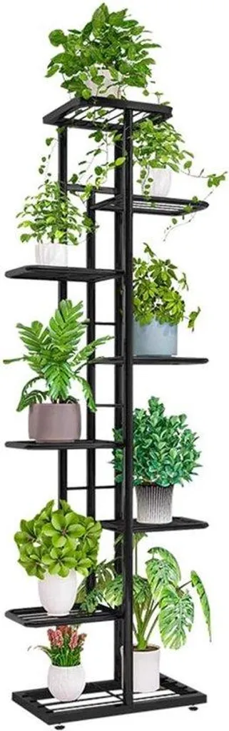 Étagère gain de place pour 8 pots de fleurs, métal gris argent robuste
