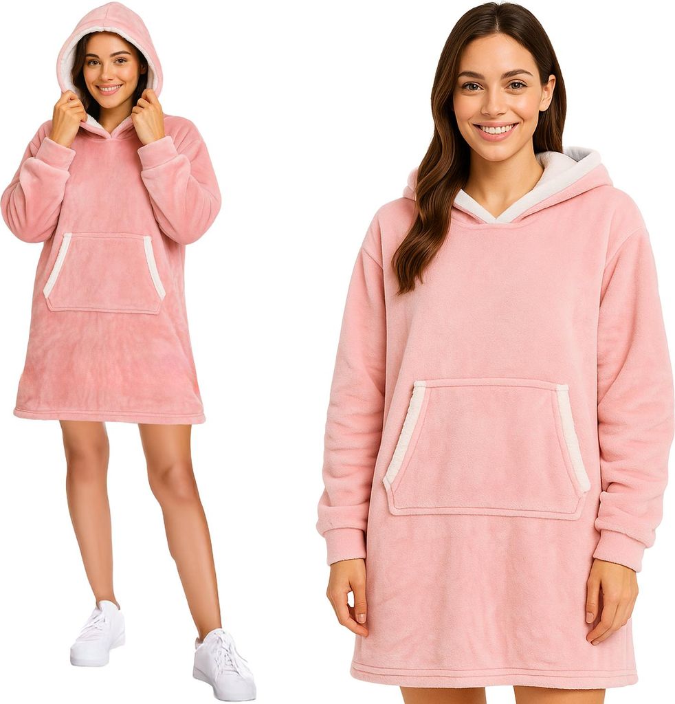 Ruhhy Hoodie-Decke Oversize tragbare Kuscheldecke mit Kapuze & Kängurutasche, Sherpa-Futter, warm & weich, One Size Rosa 26144